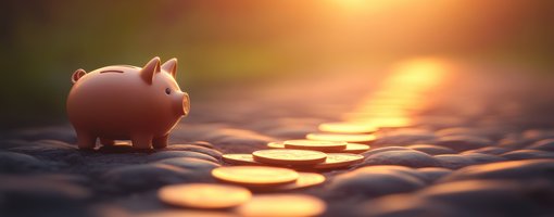 Rosa Sparschweinsitzt auf Geldmünzen vor dem Sonnenuntergang