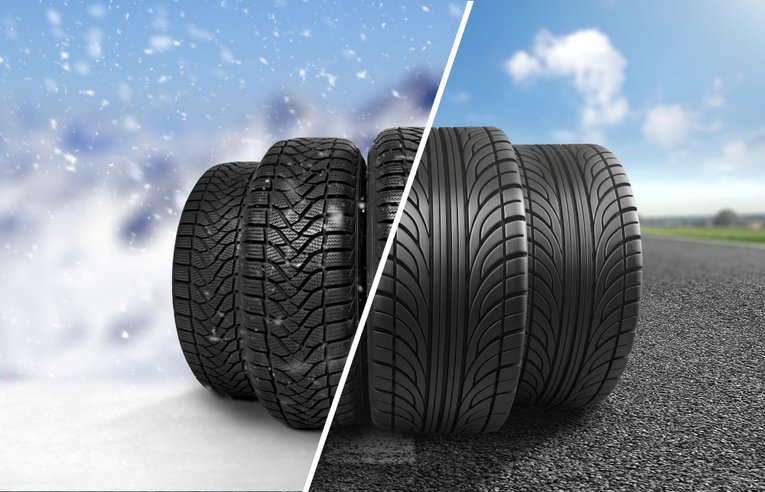 Winter and summer tyres compared against seasonal backgrounds