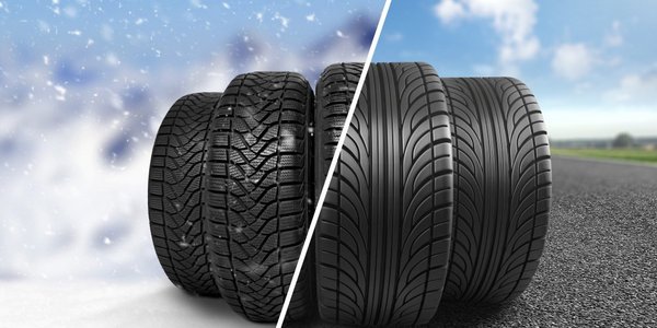 Winter and summer tyres compared against seasonal backgrounds